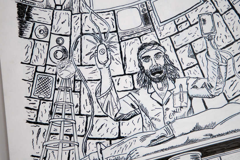 Close up of Poster in black and white, before coloring