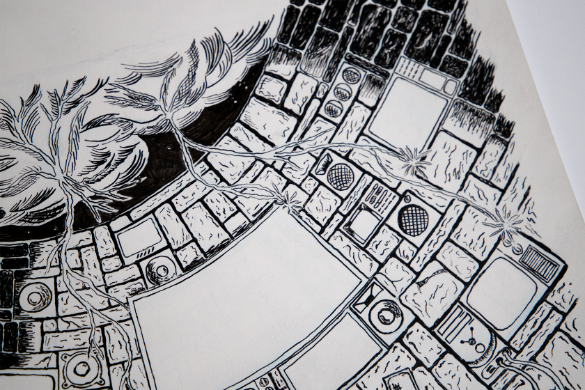 Close up of Poster in black and white, before coloring