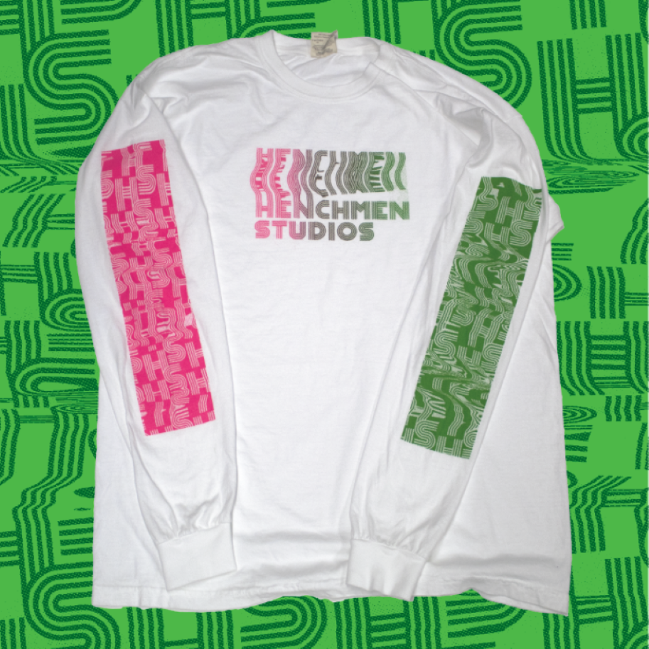 ink and green longsleeve shirt with Henchmen Studios Logo on top