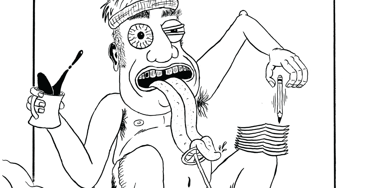 Illustration of wacky guy drinking out of a coffee cup and driving a car