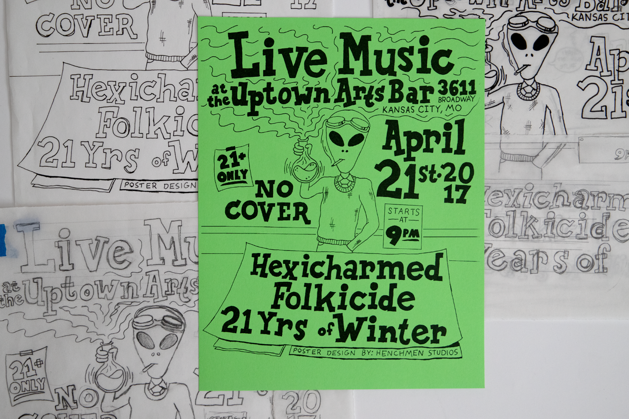 Gig poster with a smoking alien concocting a potion